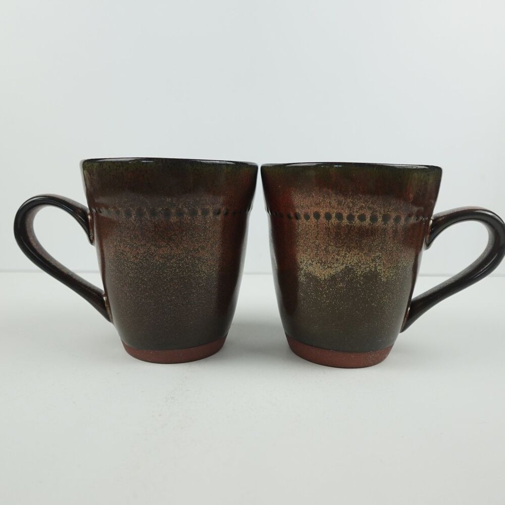 Sango Cyprus Sienna Mug Pair Brown Speckled Ceramic Stoneware Dot Band